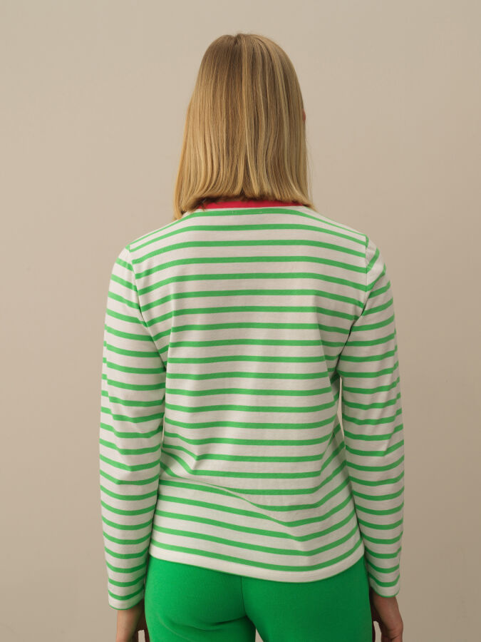 Yeşil Pamuk Dokulu Regular Fit Uzun Kollu Tişört - Xint