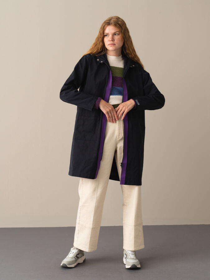 Lacivert Pamuk Dokulu Oversize Yağmurluk - Xint