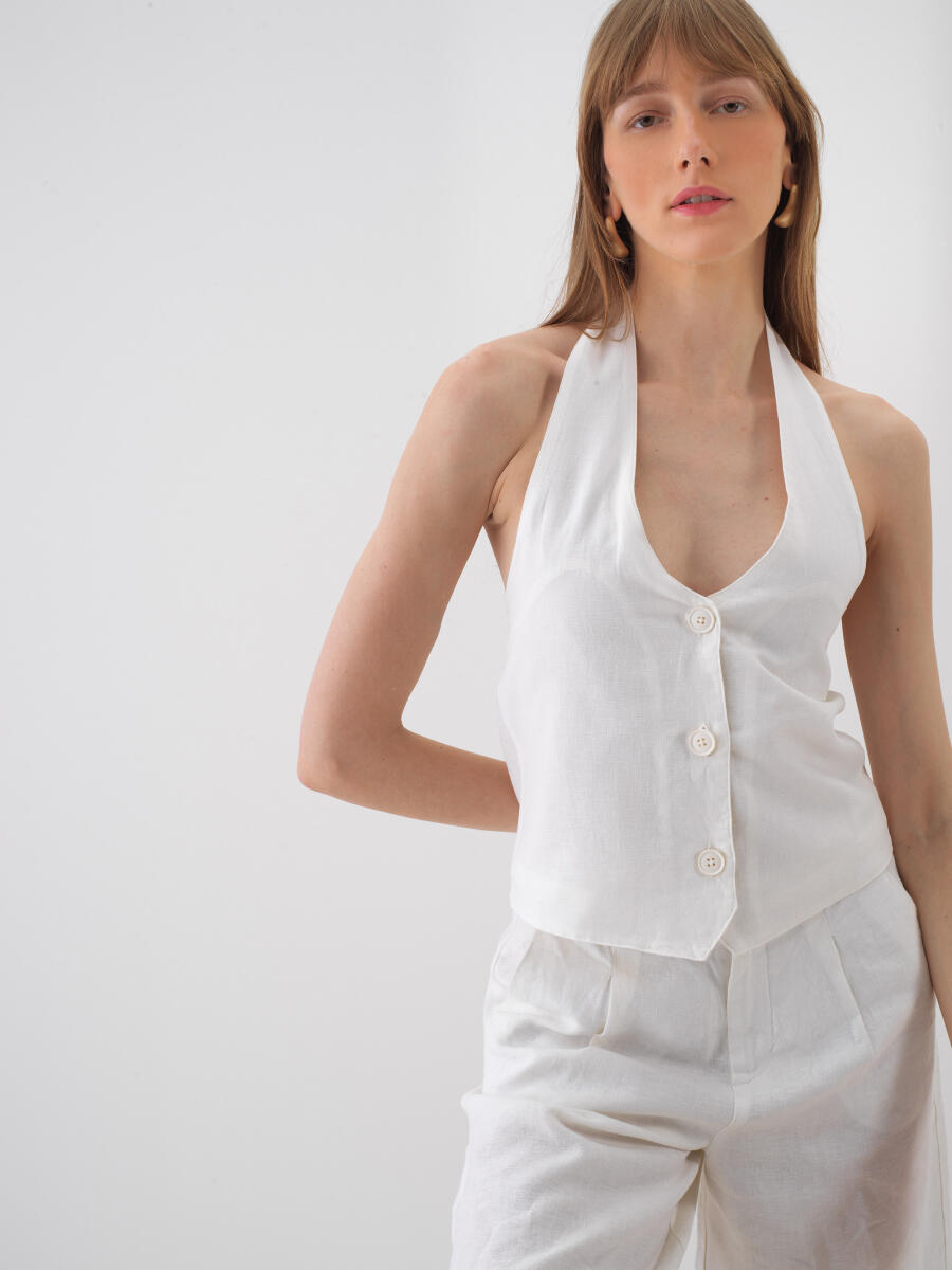 Kırık Beyaz %100 Keten Regular Fit Yelek (1)