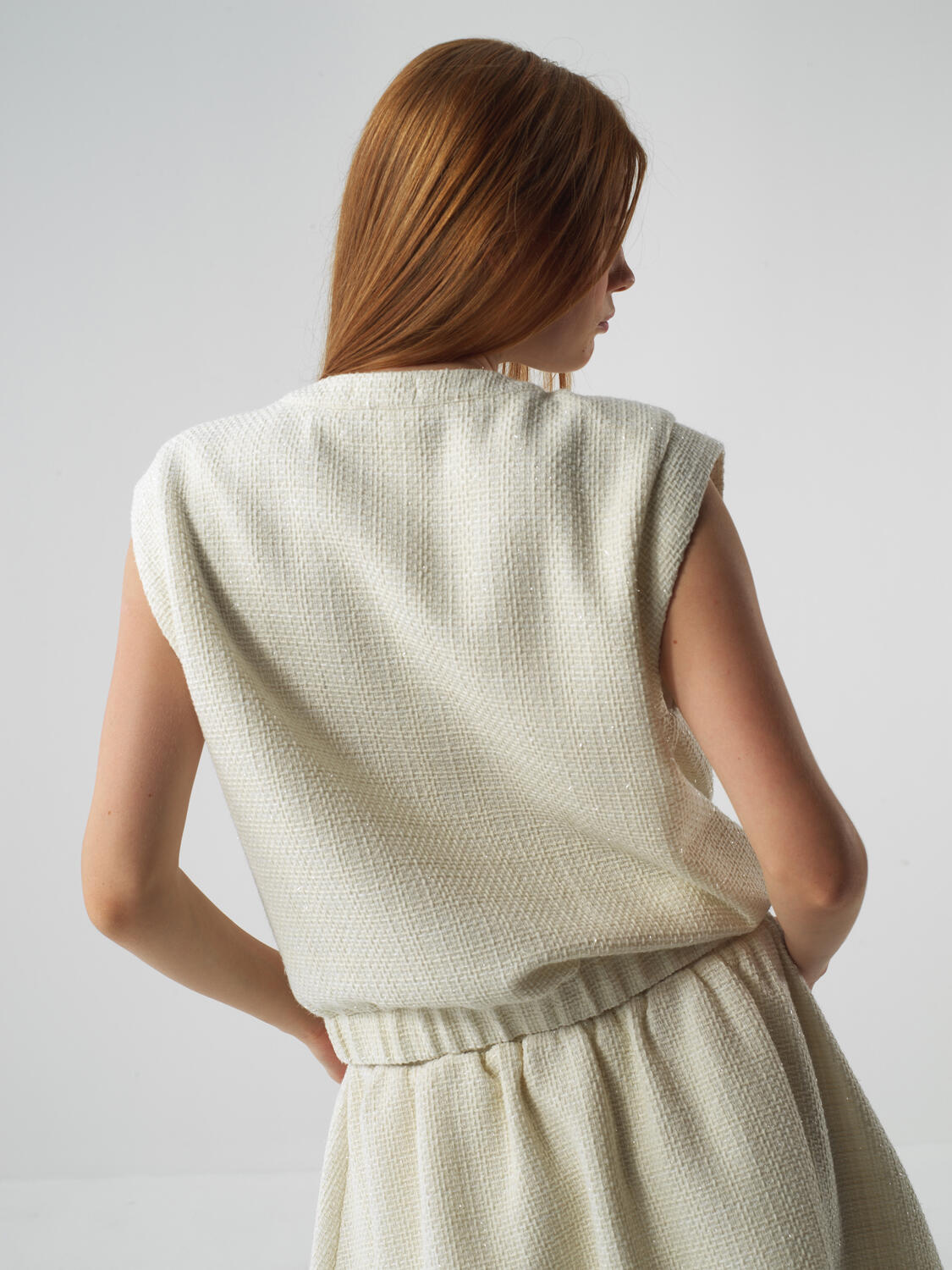 Ekru Işıltılı Lurex Detaylı Oversize Yelek - 5