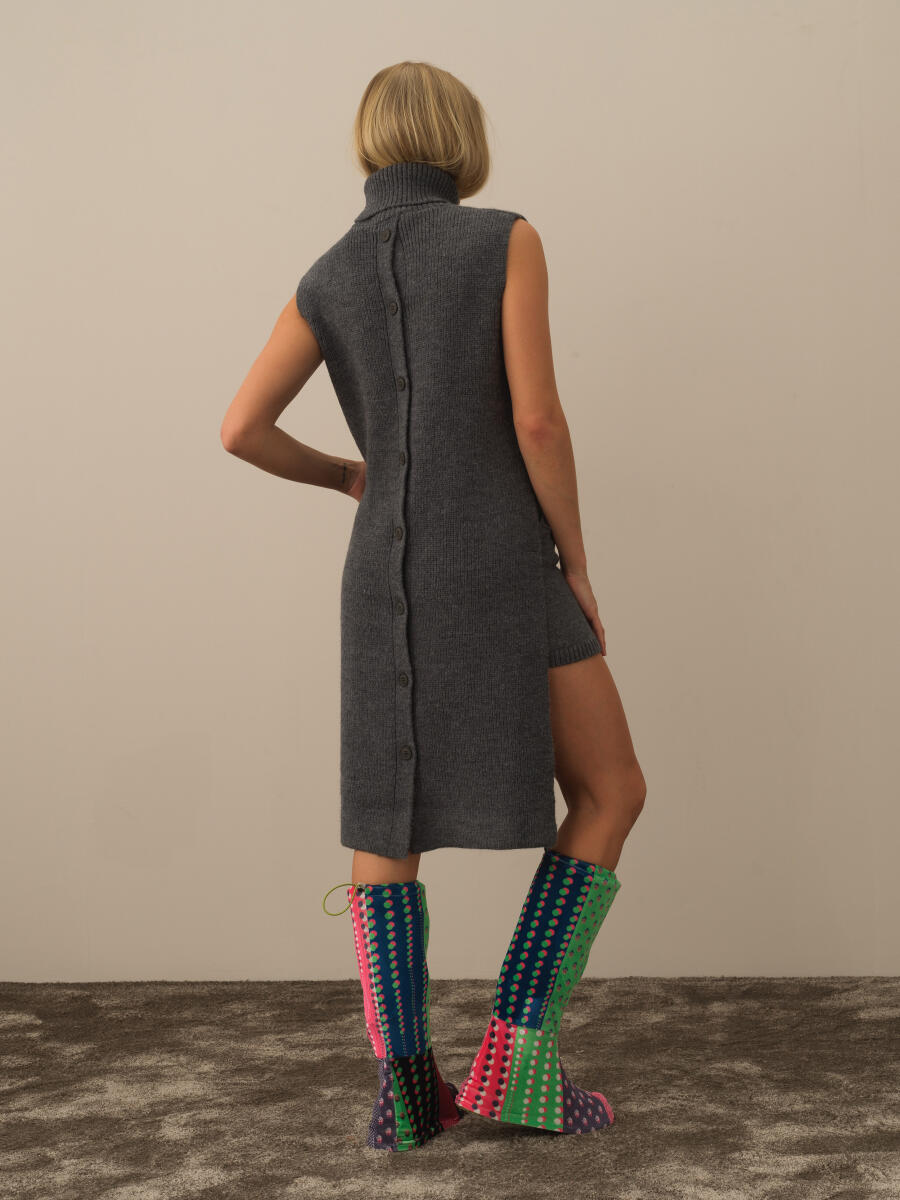 Koyu Gri Doğal Yün Dokulu Regular Fit Yelek - 3