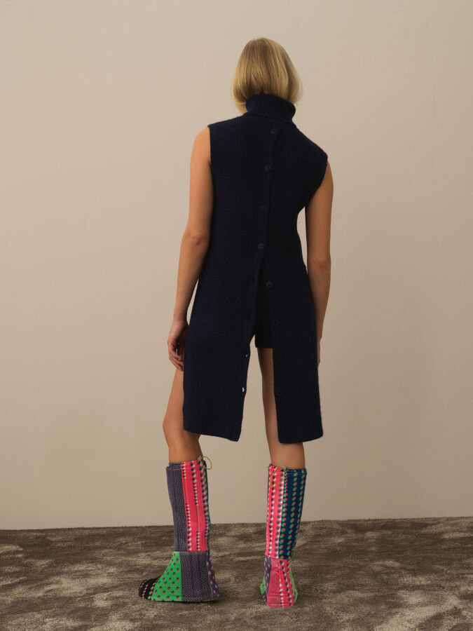 Lacivert Doğal Yün Dokulu Regular Fit Yelek - Xint