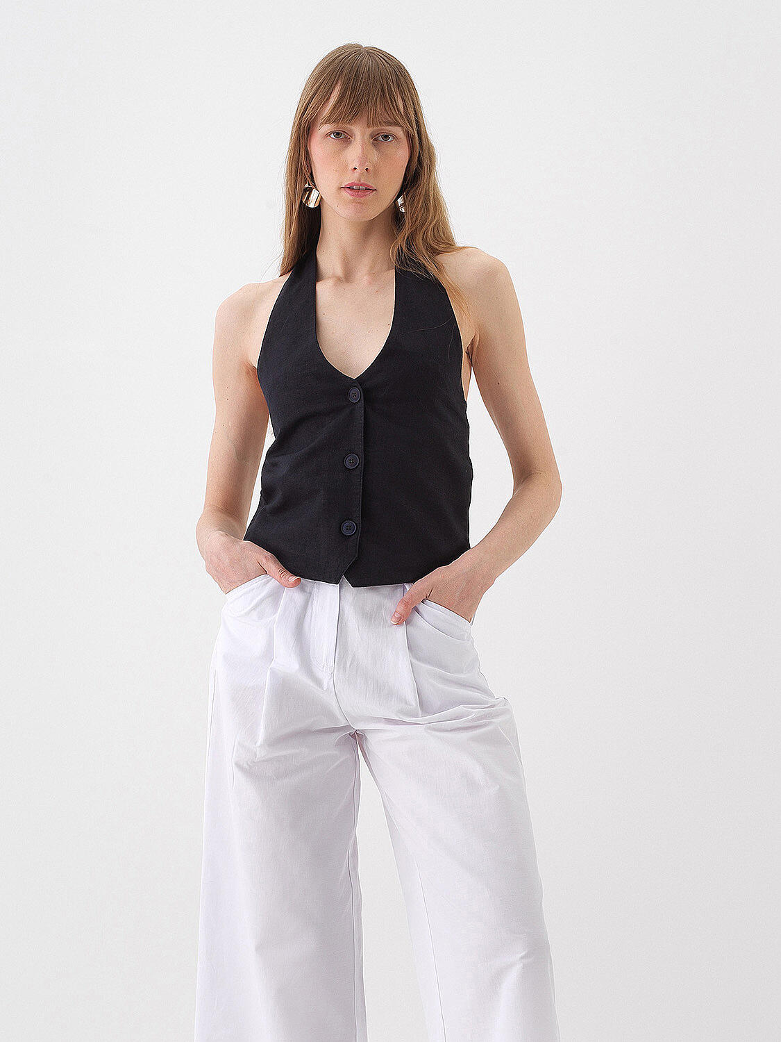 Siyah %100 Keten Regular Fit Yelek (1)