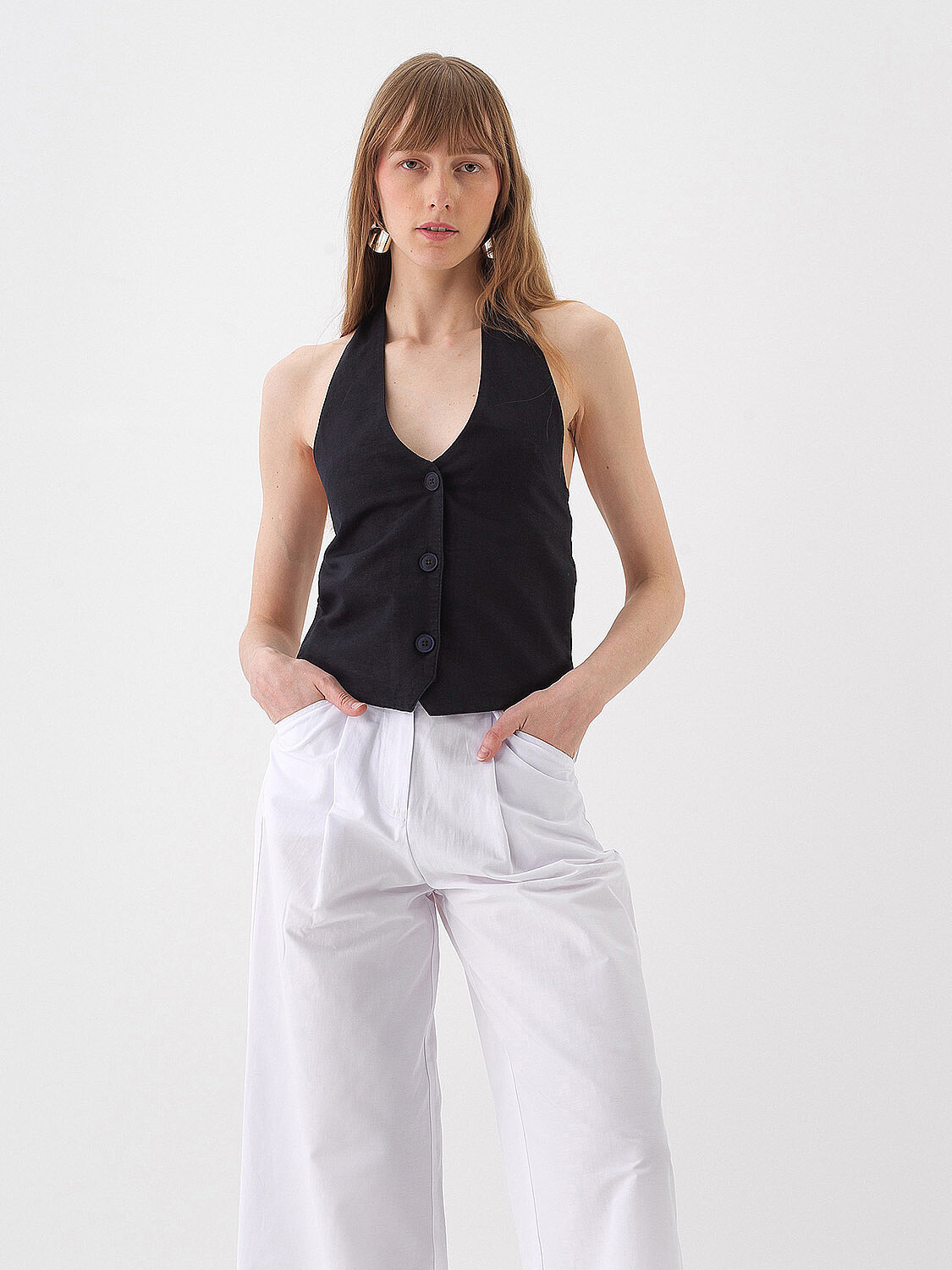 Siyah %100 Keten Regular Fit Yelek
