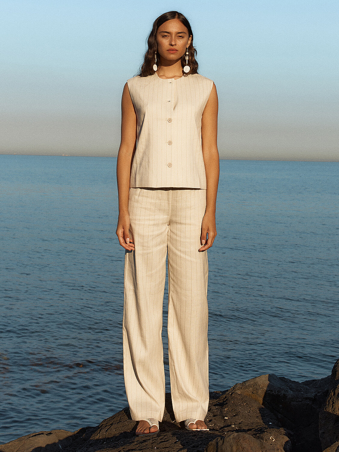 Taş Rengi Keten Karışımlı Oversize Yelek