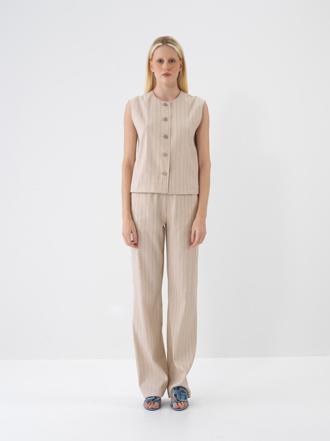 Taş Rengi Keten Karışımlı Oversize Yelek (1)