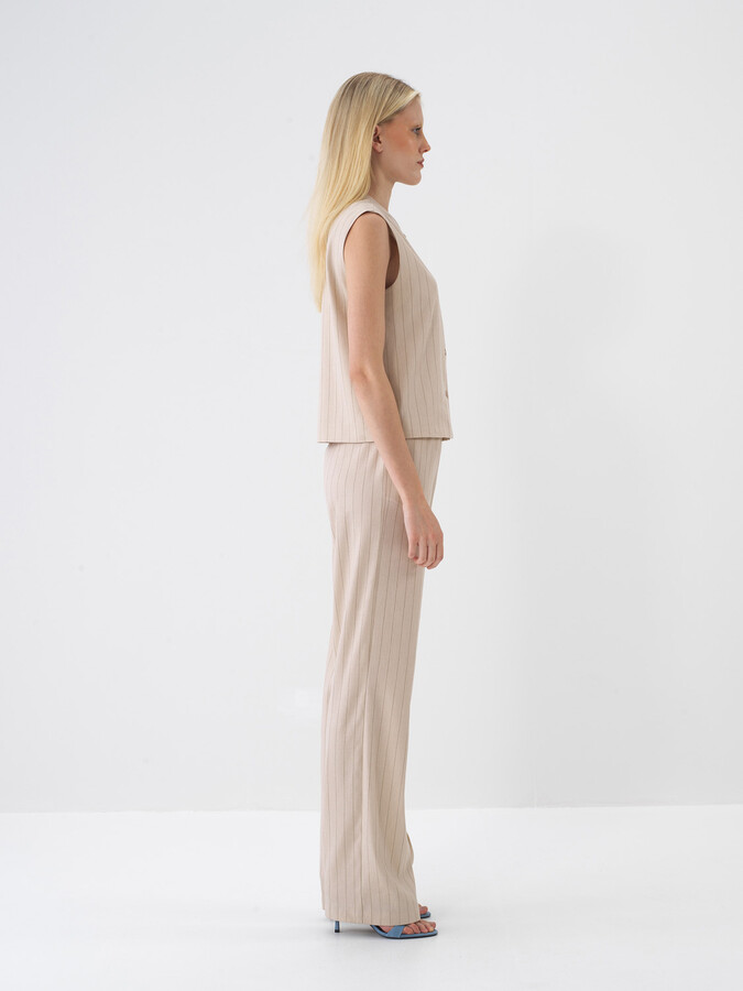 Taş Rengi Keten Karışımlı Oversize Yelek - 4