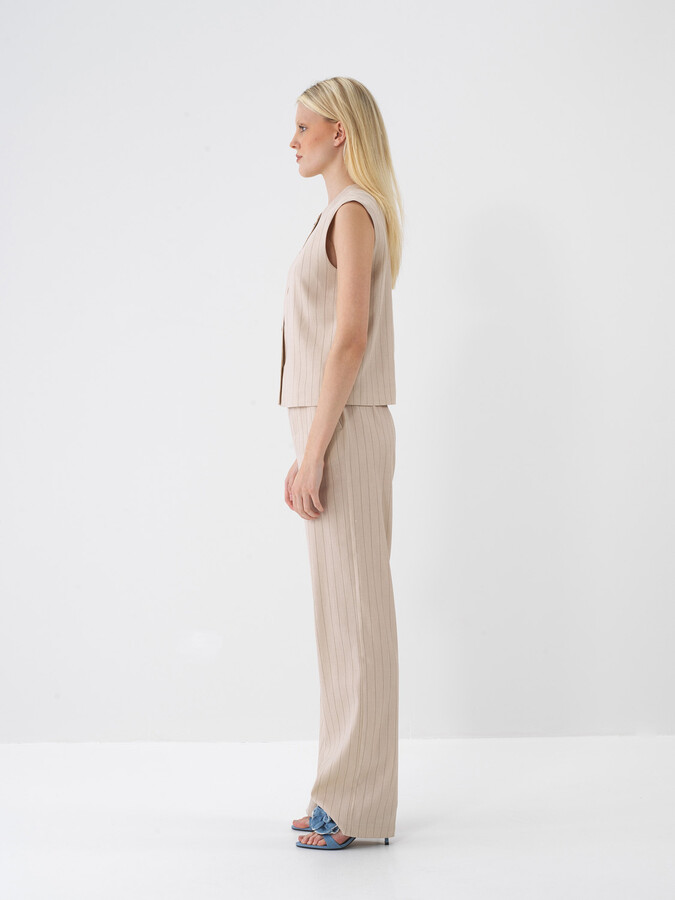 Taş Rengi Keten Karışımlı Oversize Yelek - 5