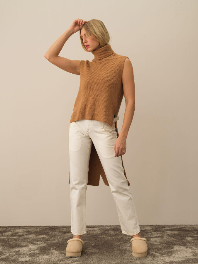 Xint Toptan Camel Doğal Yün Dokulu Regular Fit Yelek
