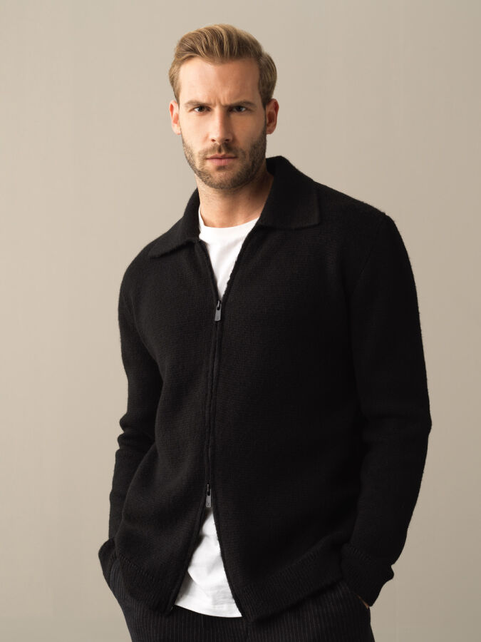 Polo Neck Zip-Up Regular Fit Cardigan - Xint