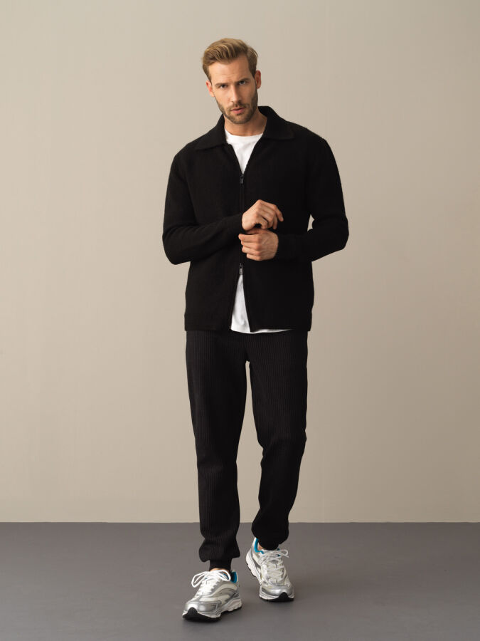 Polo Neck Zip-Up Regular Fit Cardigan - Xint