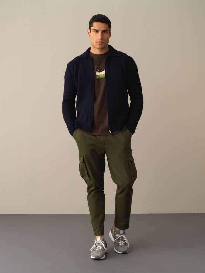 Polo Neck Zip-Up Regular Fit Cardigan - Xint