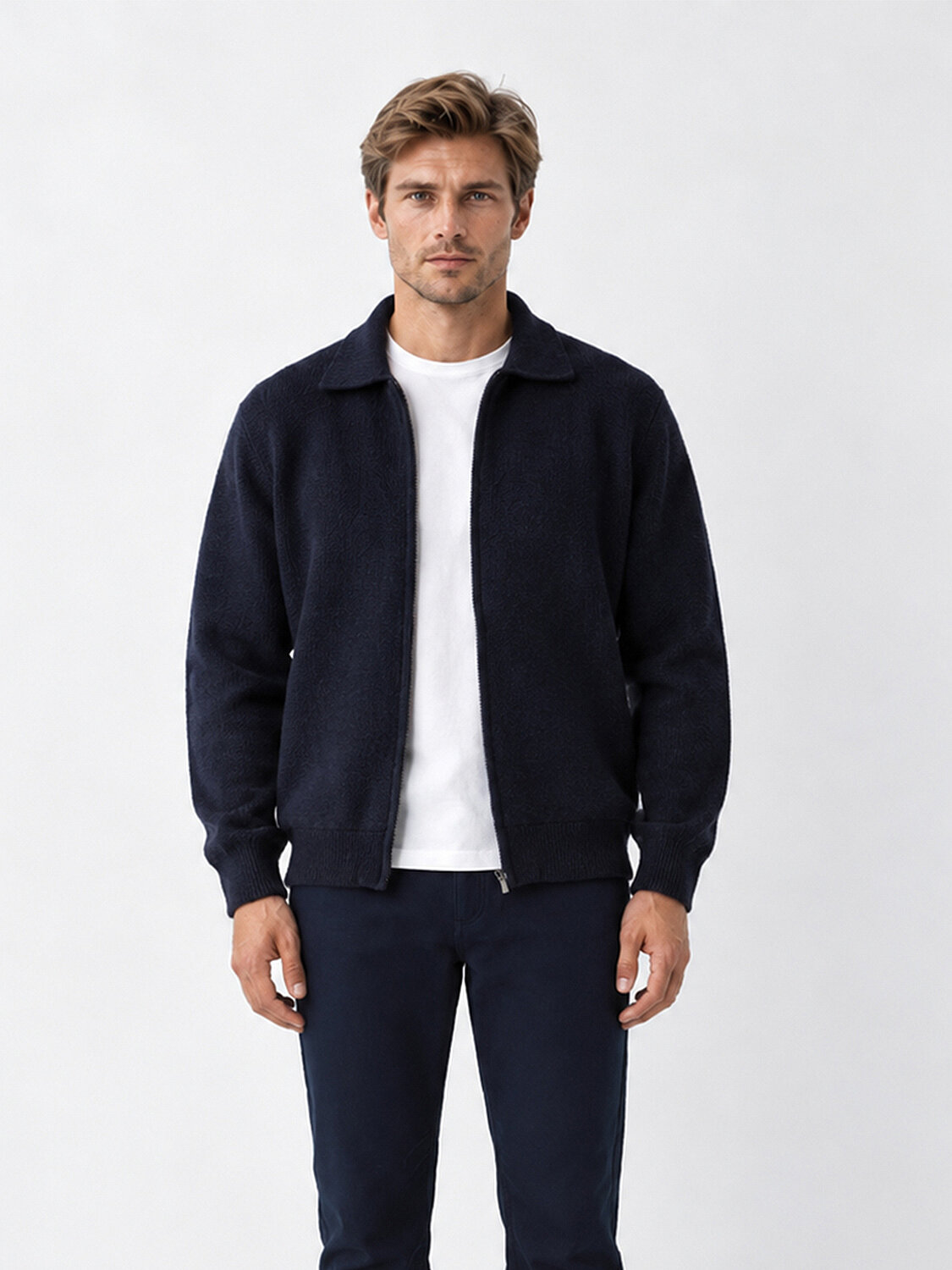 Polo Neck Zip-Up Regular Fit Cardigan - 1