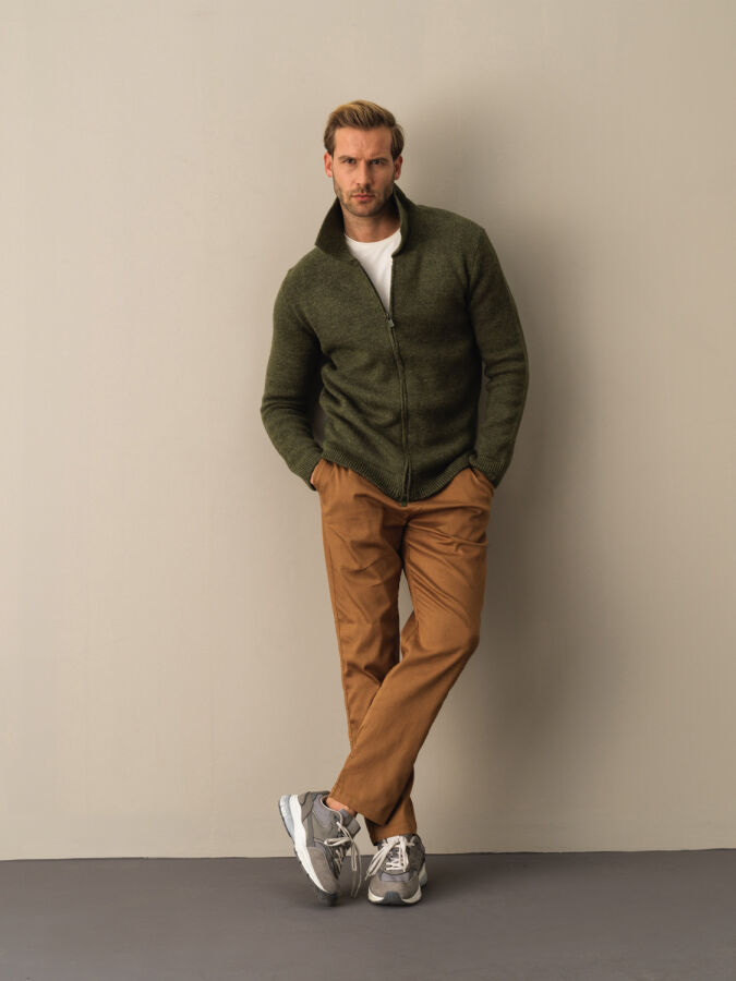 Polo Neck Zip-Up Regular Fit Cardigan - Xint