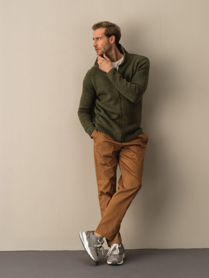 Polo Neck Zip-Up Regular Fit Cardigan - Xint