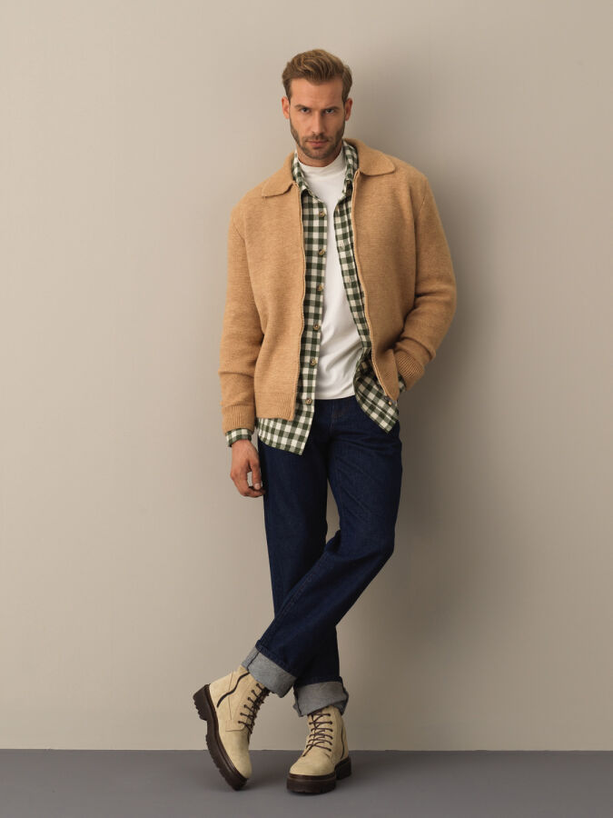 Polo Neck Zip-Up Regular Fit Cardigan - Xint