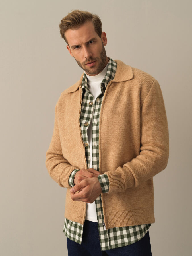 Polo Neck Zip-Up Regular Fit Cardigan - Xint