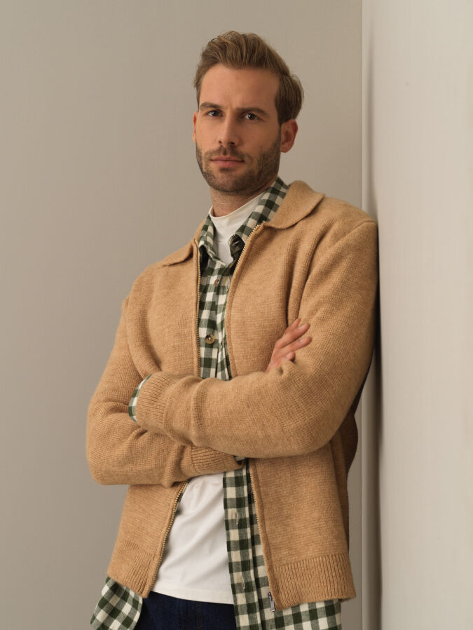 Polo Neck Zip-Up Regular Fit Cardigan - Xint