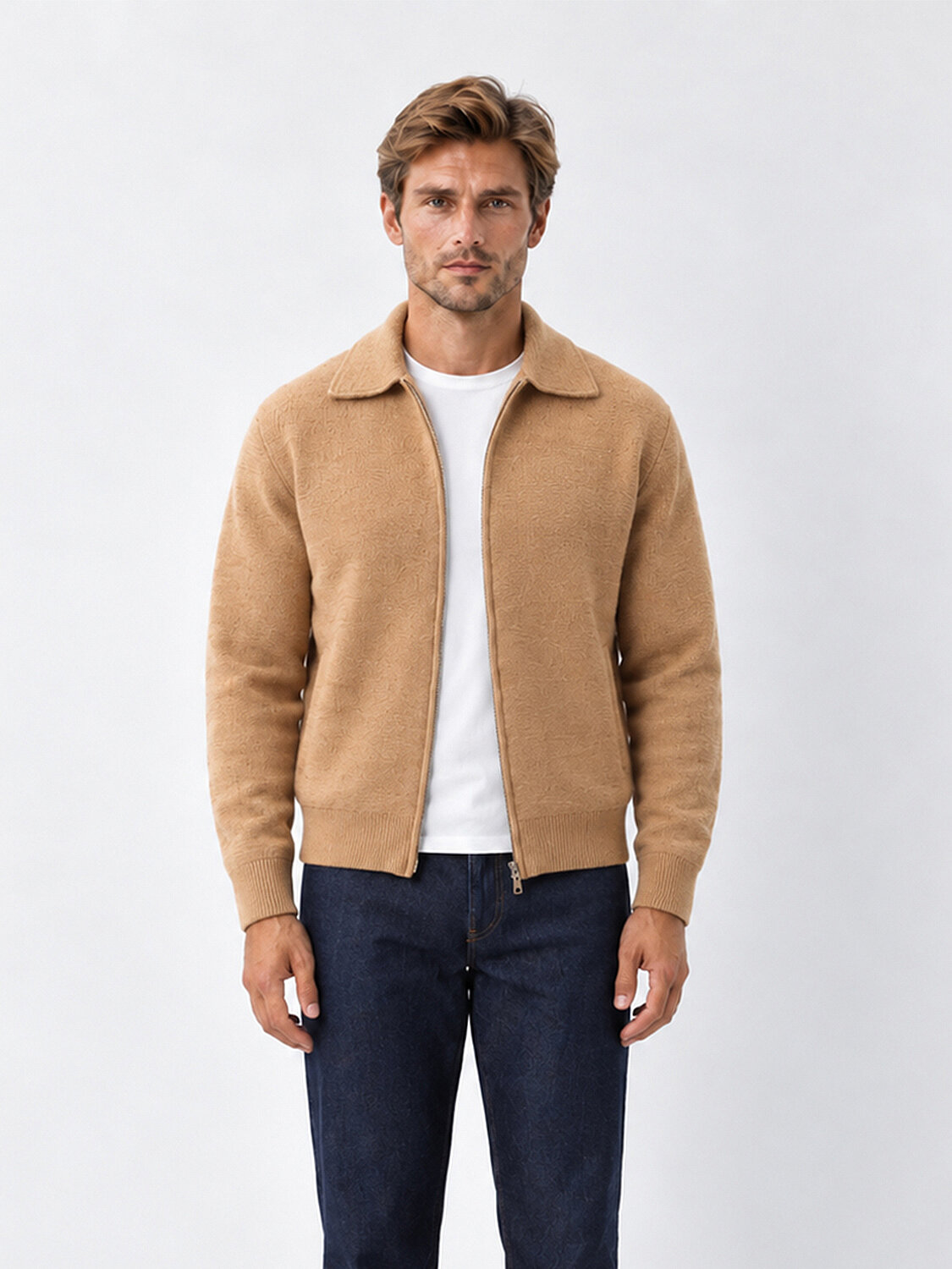 Polo Neck Zip-Up Regular Fit Cardigan - 1