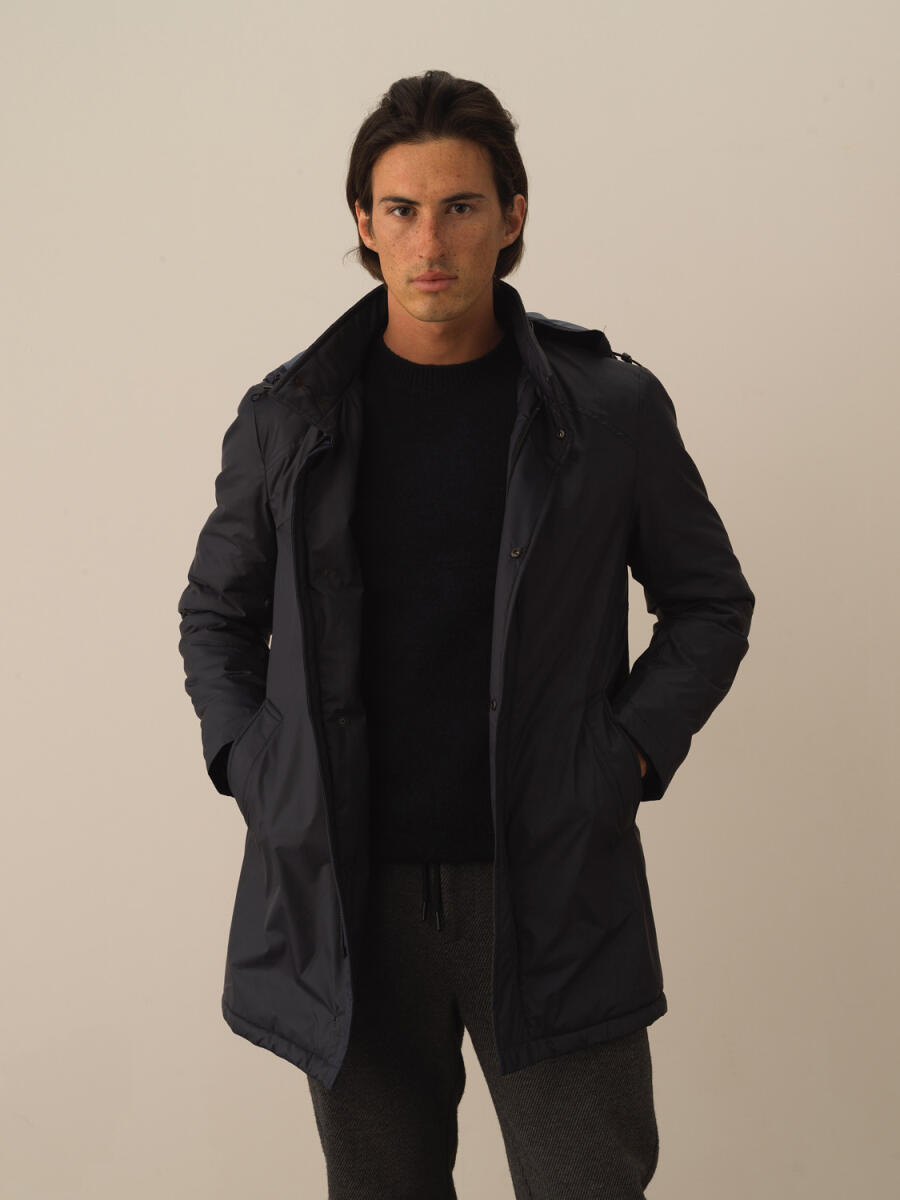 Stand Collar Hooded Regular Fit Long Jacket