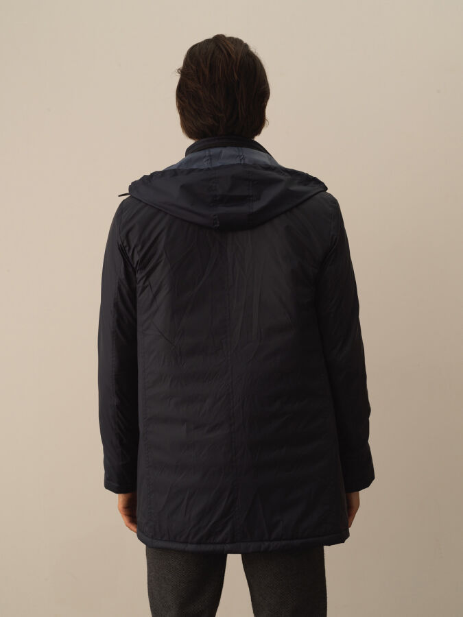 Stand Collar Hooded Regular Fit Long Jacket - Xint