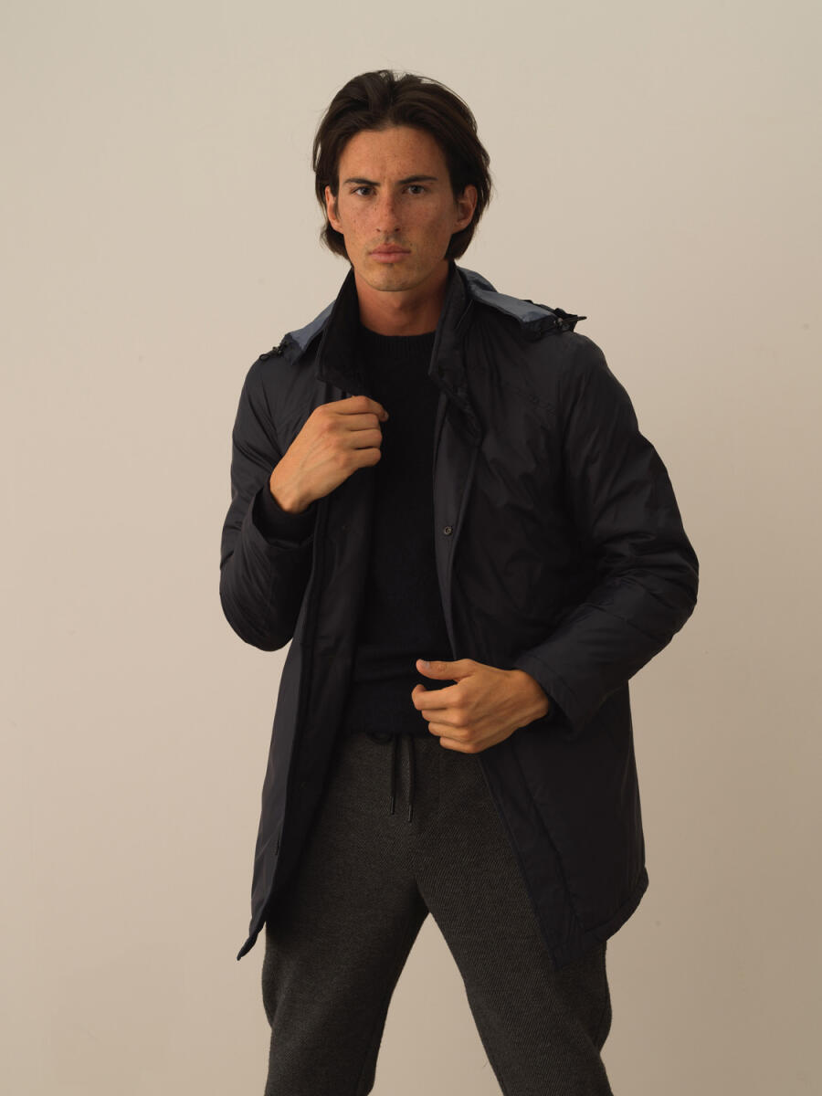 Stand Collar Hooded Regular Fit Long Jacket - 2