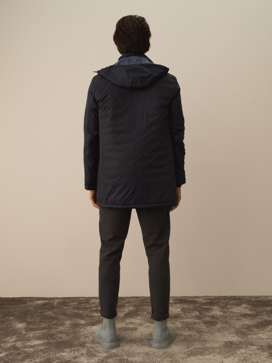 Stand Collar Hooded Regular Fit Long Jacket - 4