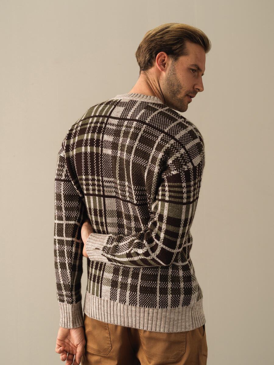 Crew Neck Oversized Checked Sweater - 4