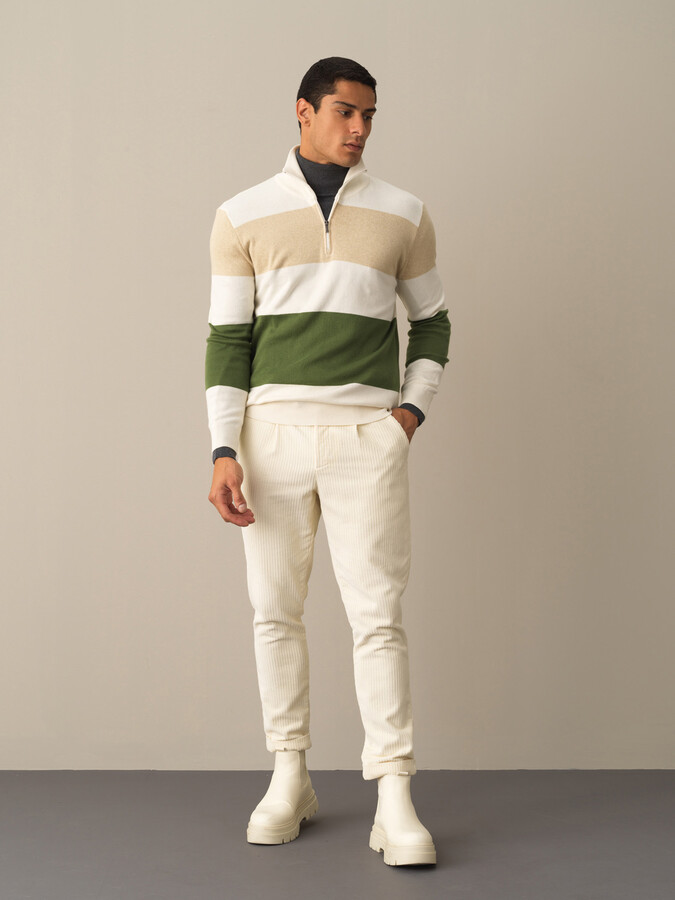 High Neck 100% Cotton Regular Fit Striped Sweatshirt - Xint