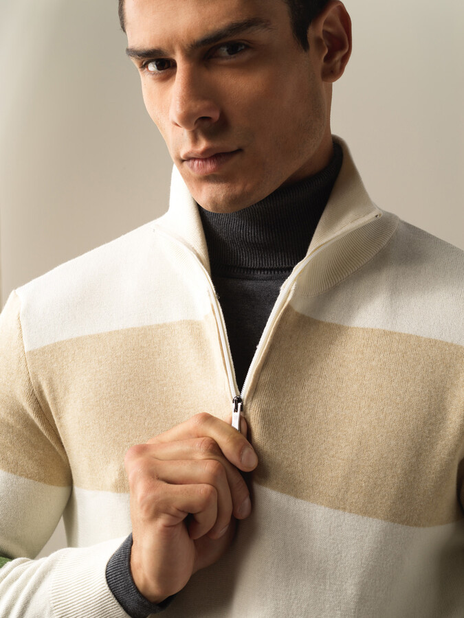 High Neck 100% Cotton Regular Fit Striped Sweatshirt - Xint