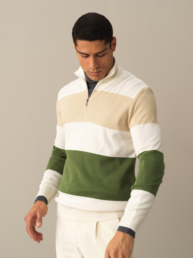 High Neck 100% Cotton Regular Fit Striped Sweatshirt - 1