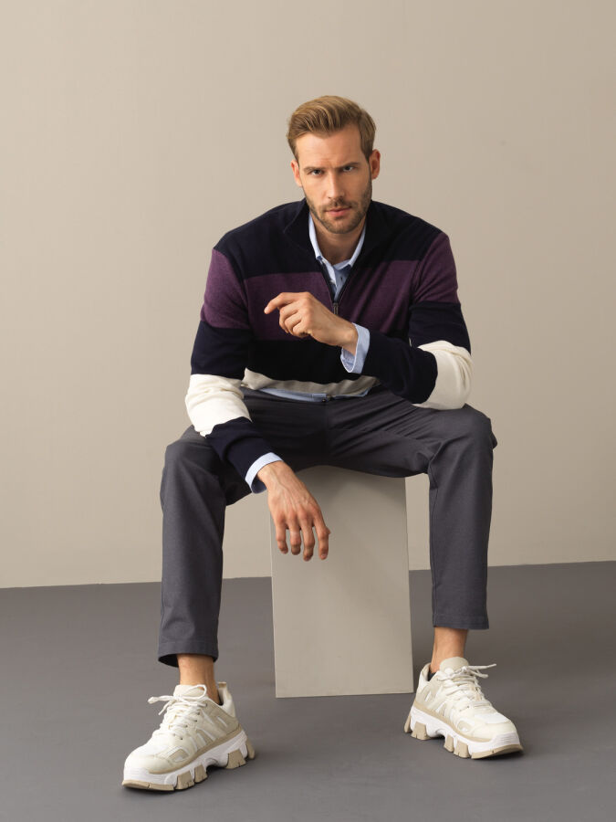 High Neck 100% Cotton Regular Fit Striped Sweatshirt - Xint