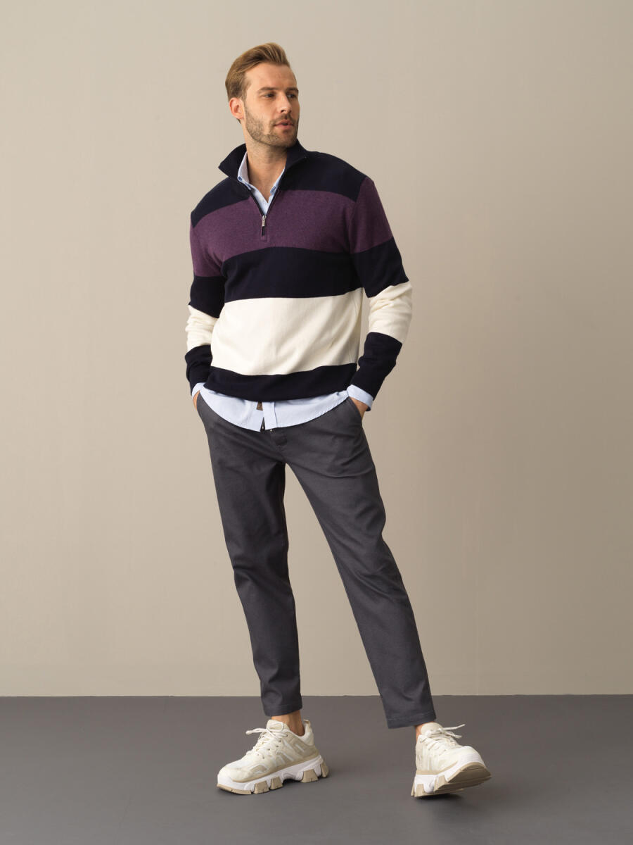 High Neck 100% Cotton Regular Fit Striped Sweatshirt - 2