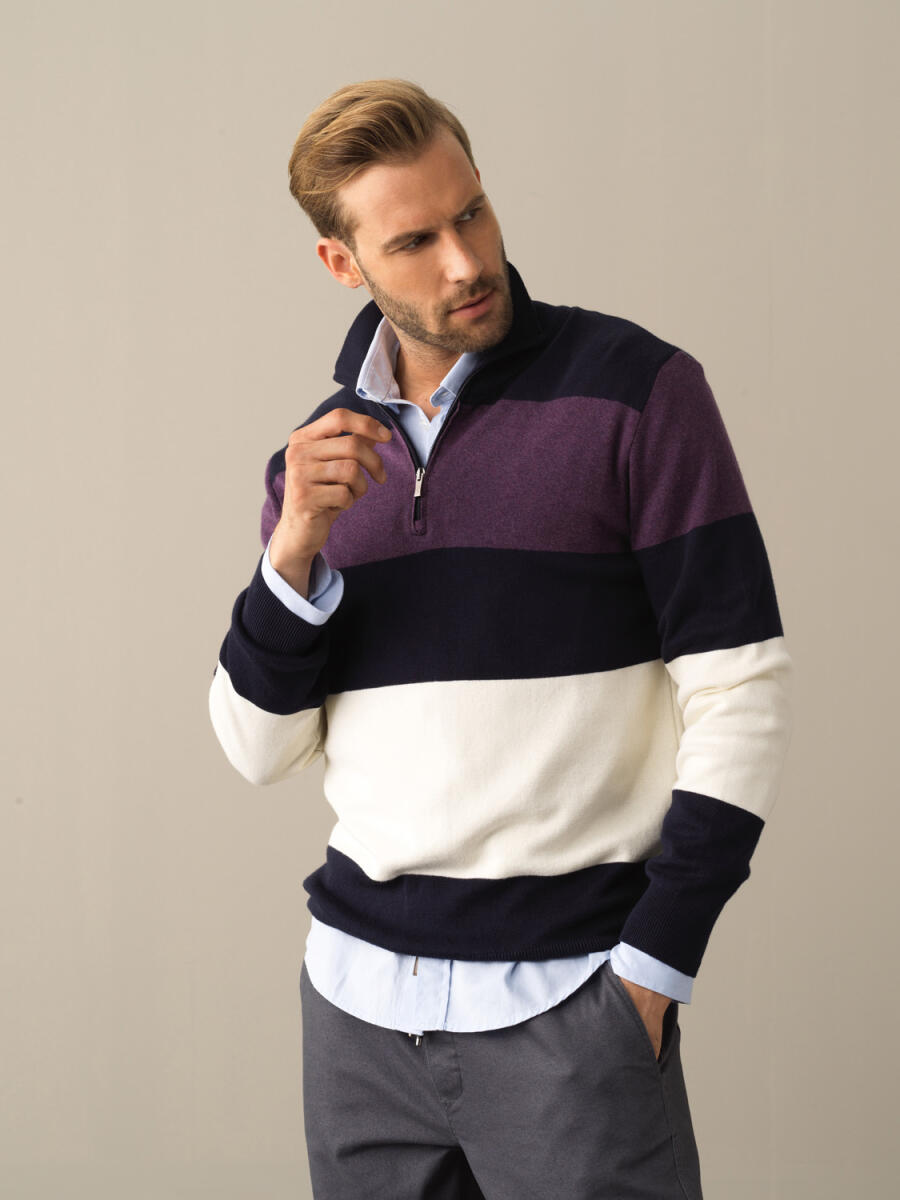 High Neck 100% Cotton Regular Fit Striped Sweatshirt