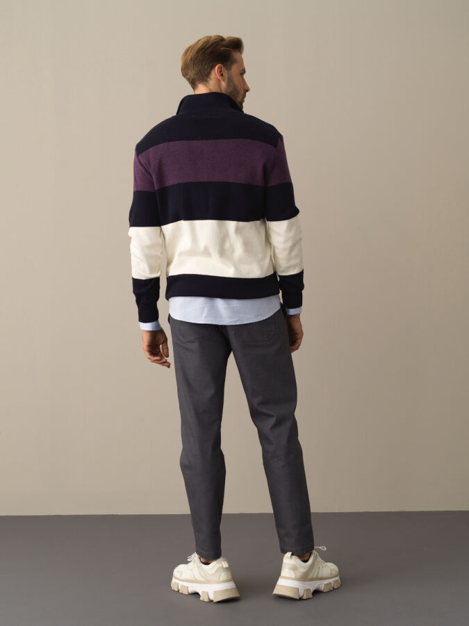 High Neck 100% Cotton Regular Fit Striped Sweatshirt - Xint
