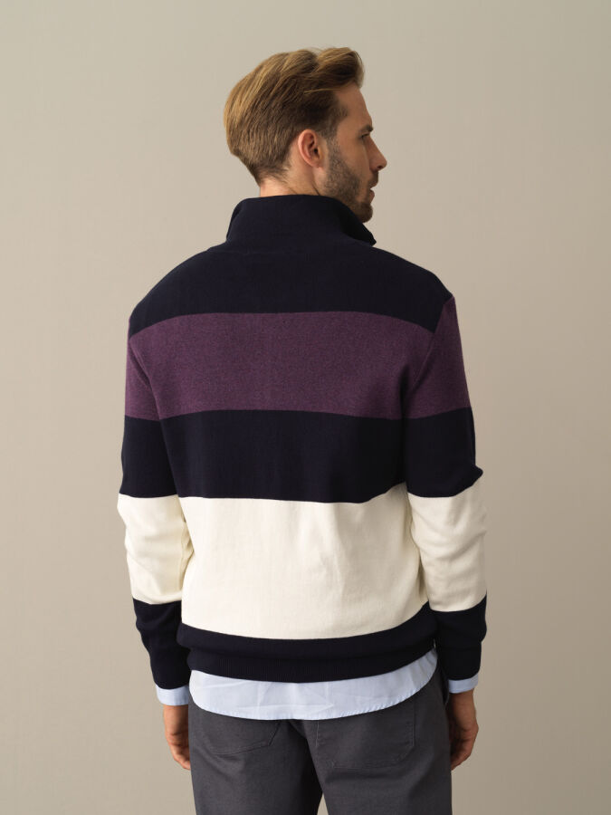 High Neck 100% Cotton Regular Fit Striped Sweatshirt - Xint