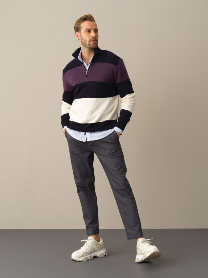 High Neck 100% Cotton Regular Fit Striped Sweatshirt - 2