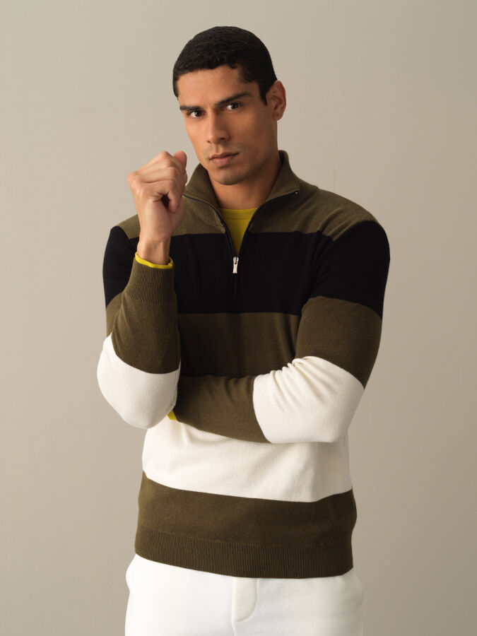 High Neck 100% Cotton Regular Fit Striped Sweatshirt - Xint