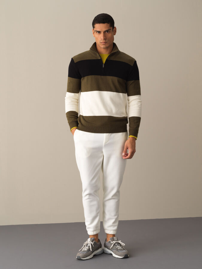 High Neck 100% Cotton Regular Fit Striped Sweatshirt - Xint