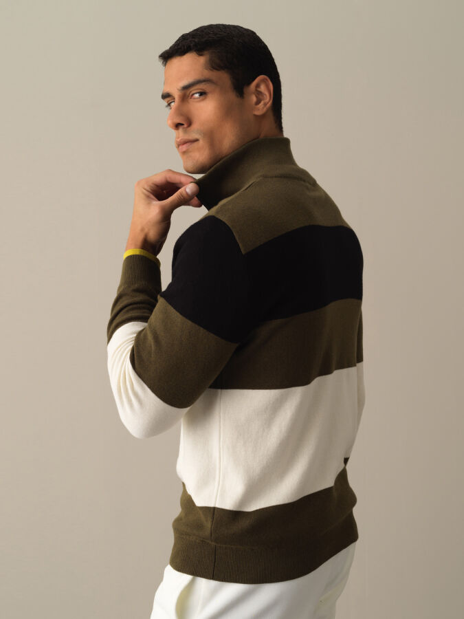 High Neck 100% Cotton Regular Fit Striped Sweatshirt - Xint