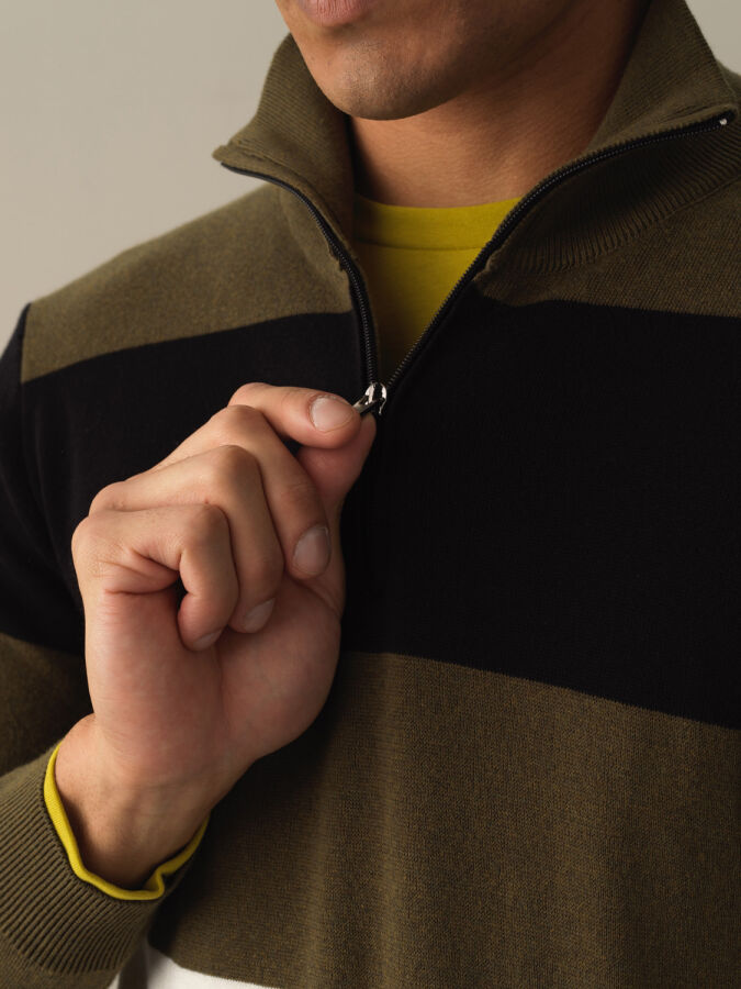 High Neck 100% Cotton Regular Fit Striped Sweatshirt - Xint