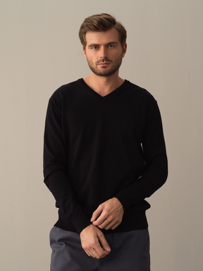 V-Neck Cotton Regular Fit Basic Sweater - Xint