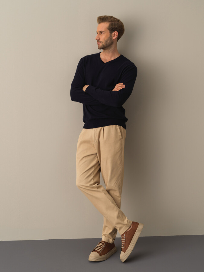 V-Neck Cotton Regular Fit Basic Sweater - Xint