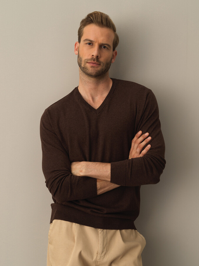 V-Neck Cotton Regular Fit Basic Sweater - Xint