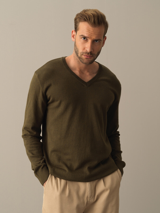 V-Neck Cotton Regular Fit Basic Sweater - Xint