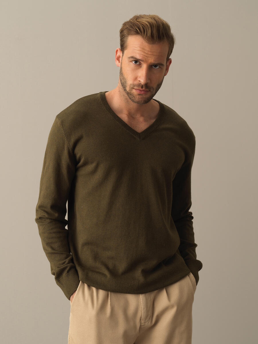 V-Neck Cotton Regular Fit Basic Sweater - 1