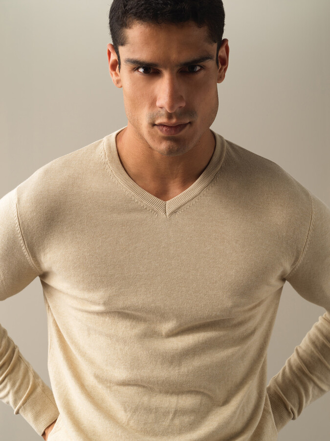 V-Neck Cotton Regular Fit Basic Sweater - Xint