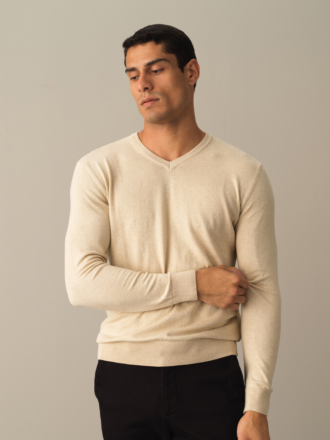 V-Neck Cotton Regular Fit Basic Sweater - Xint