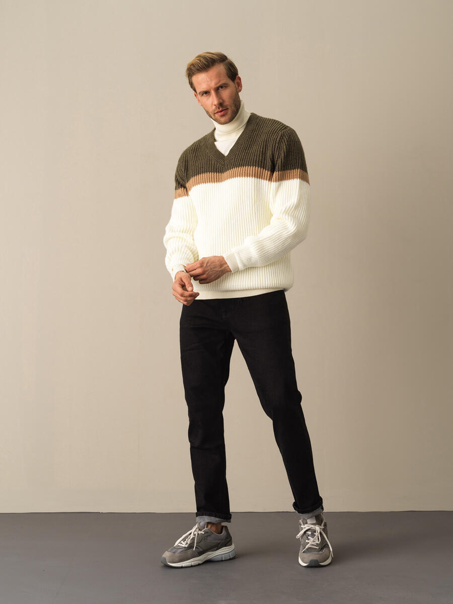 V-Neck Regular Fit Striped Detail Sweater