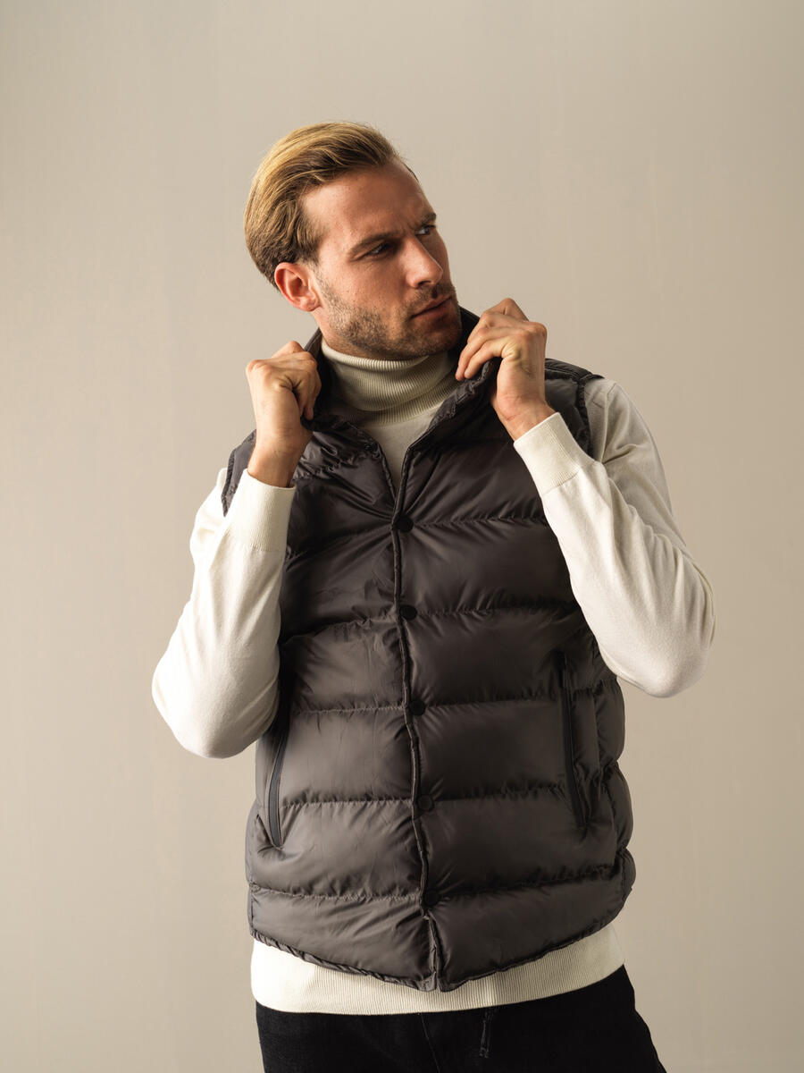 Stand Collar Regular Fit Snap Button Puffer Vest - 1